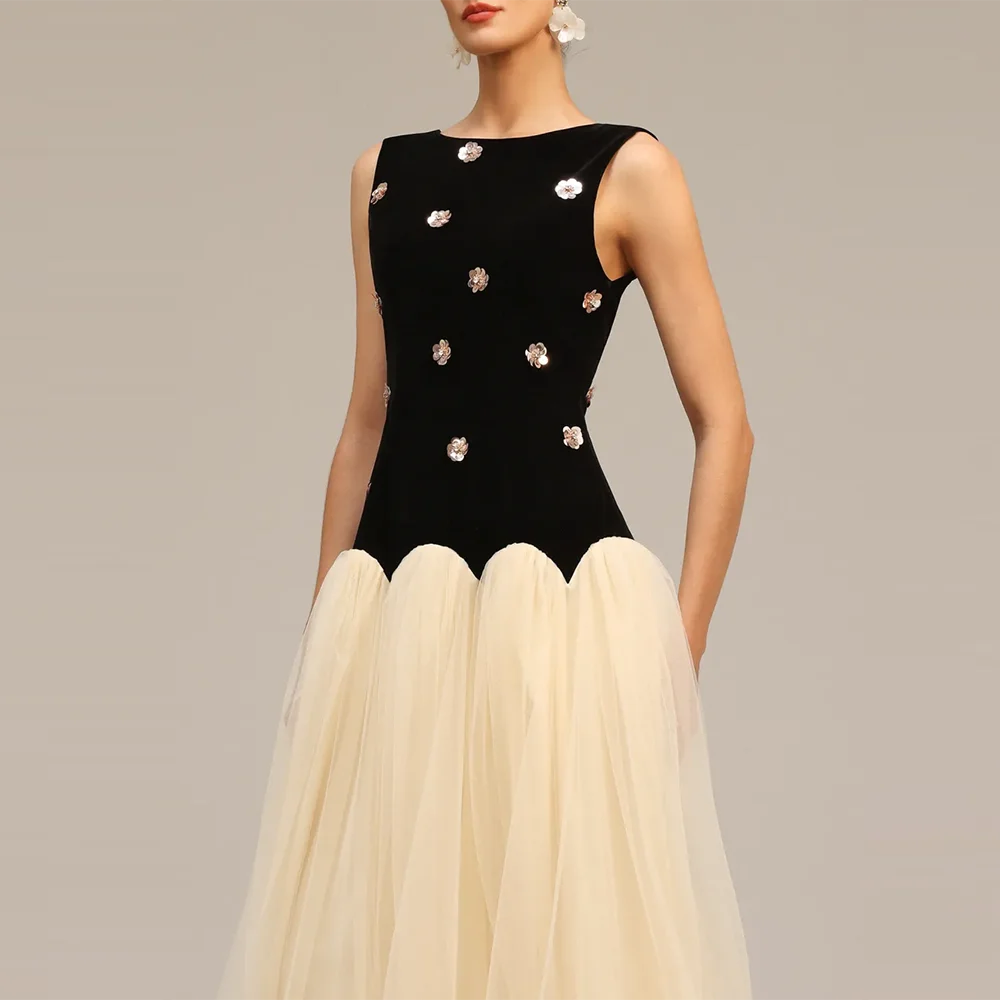 TWOTWINSTYLE, vestidos adelgazantes de colores llamativos para mujer, cuello redondo, sin mangas, cintura alta, vestido largo de malla empalmado para mujer