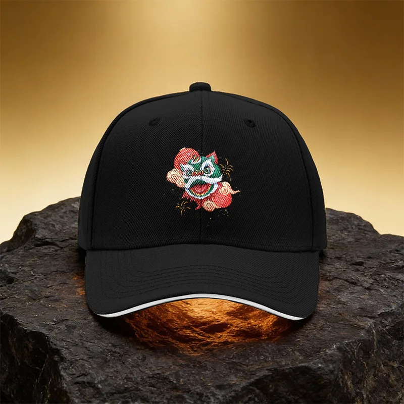 Chinese Style Lion Dance Blessing Hat, Unisex Printed Baseball Cap Sandwich Brim Sports Cap, Suitable for Daily Commuting and Tr