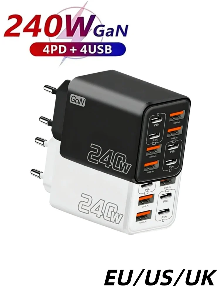 240W 8-in-1 USB-C GaN-Ladegerät, schnelles Ladegerät, Netzteil für iPhone, Samsung, Xiaomi, EU/US/UK-Stecker, Reiseladegerät