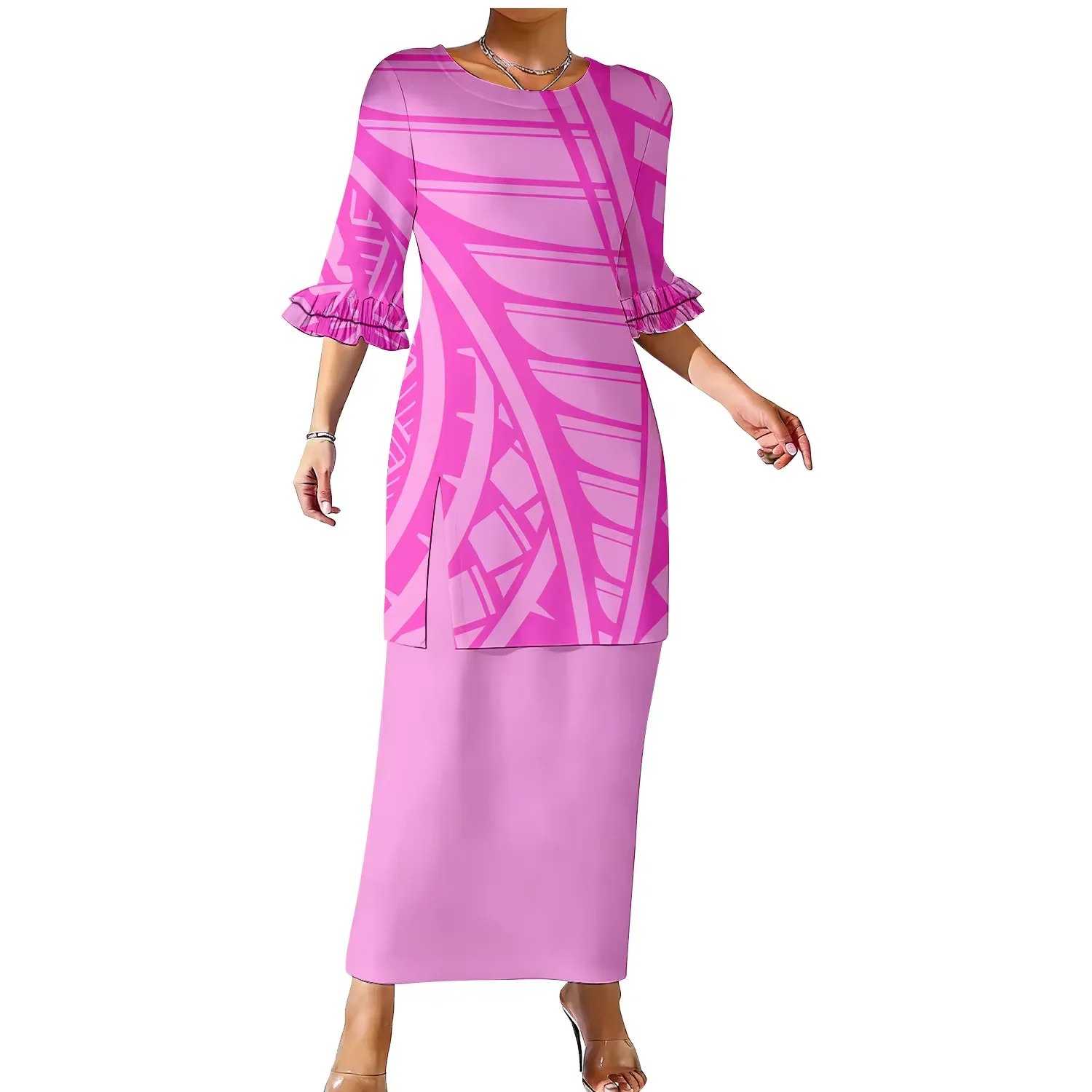 Ladies Dress Puletasi Samoan Ptaha Dress Double Layered Sleeve Design Dress Polynesian Style Design Hawaii Dress Two Piece