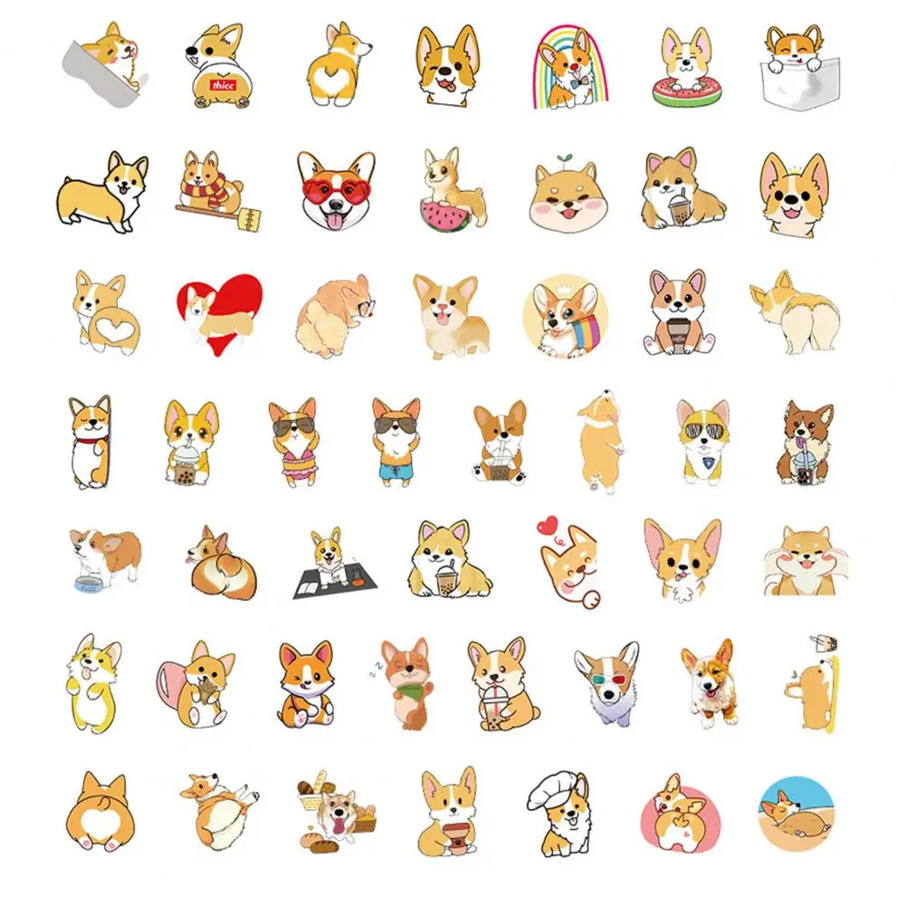 50 Pcs/Set Corgi Dog Animal Theme Sticker Cartoon Phone Cover Self-adhesive PVC DIY Luggage Skateboard Decal Students Supplies