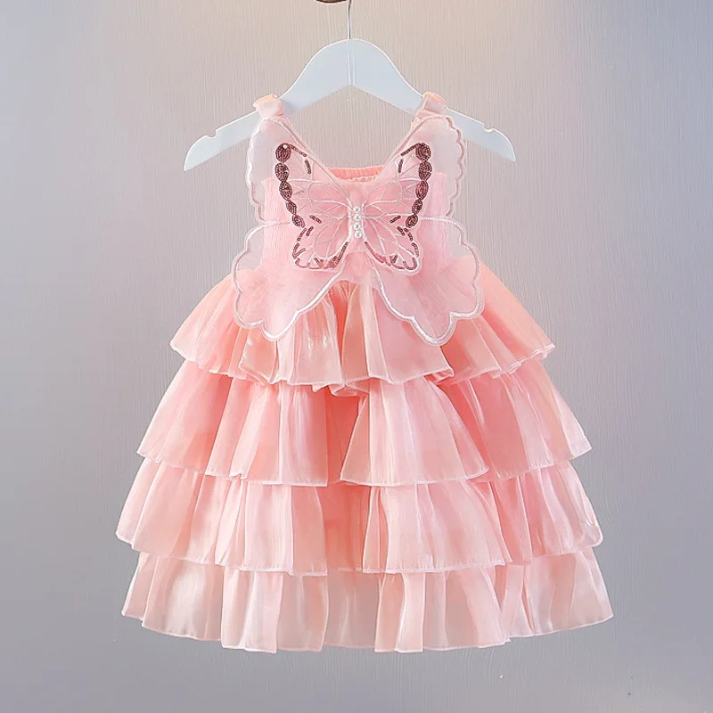 

2025 Summer Girls' Fluffy Tulle Dress With Pearl Details Butterfly Wing Strappy Princess Cake Dress