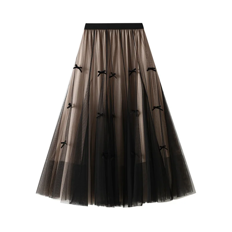 Yarn skirt Japanese gentle fairy design butterfly bow mesh autumn and winter slimming high waist big swing half body skirt