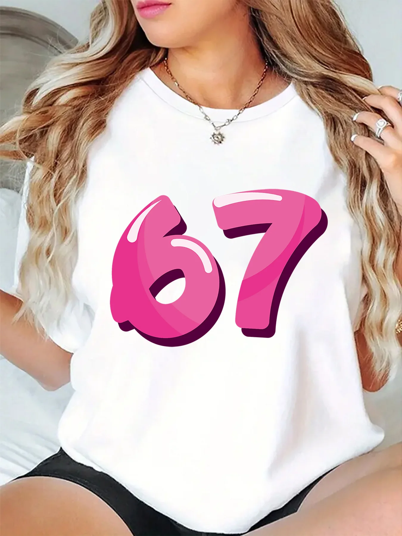 Womens O Neck Short Sleeve T Shirt Glossy Pink Number 67 Digital Print Modern Number Graphic Casual Daily Wear Ladies Tops