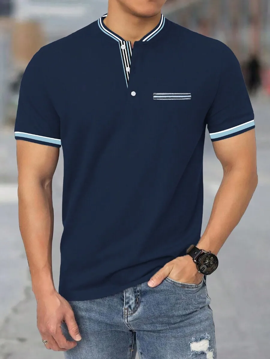 

Men's Navy Blue Short Sleeve Polo Shirt with Striped Trim and Chest Pocket