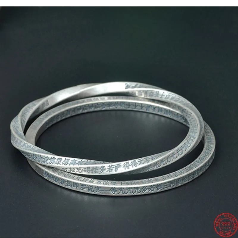 

S999 Sterling Silver Bracelets for Women Men New Women's Heart Sutra Twist Square Opening Bangle Argentum Jewelry Amulet