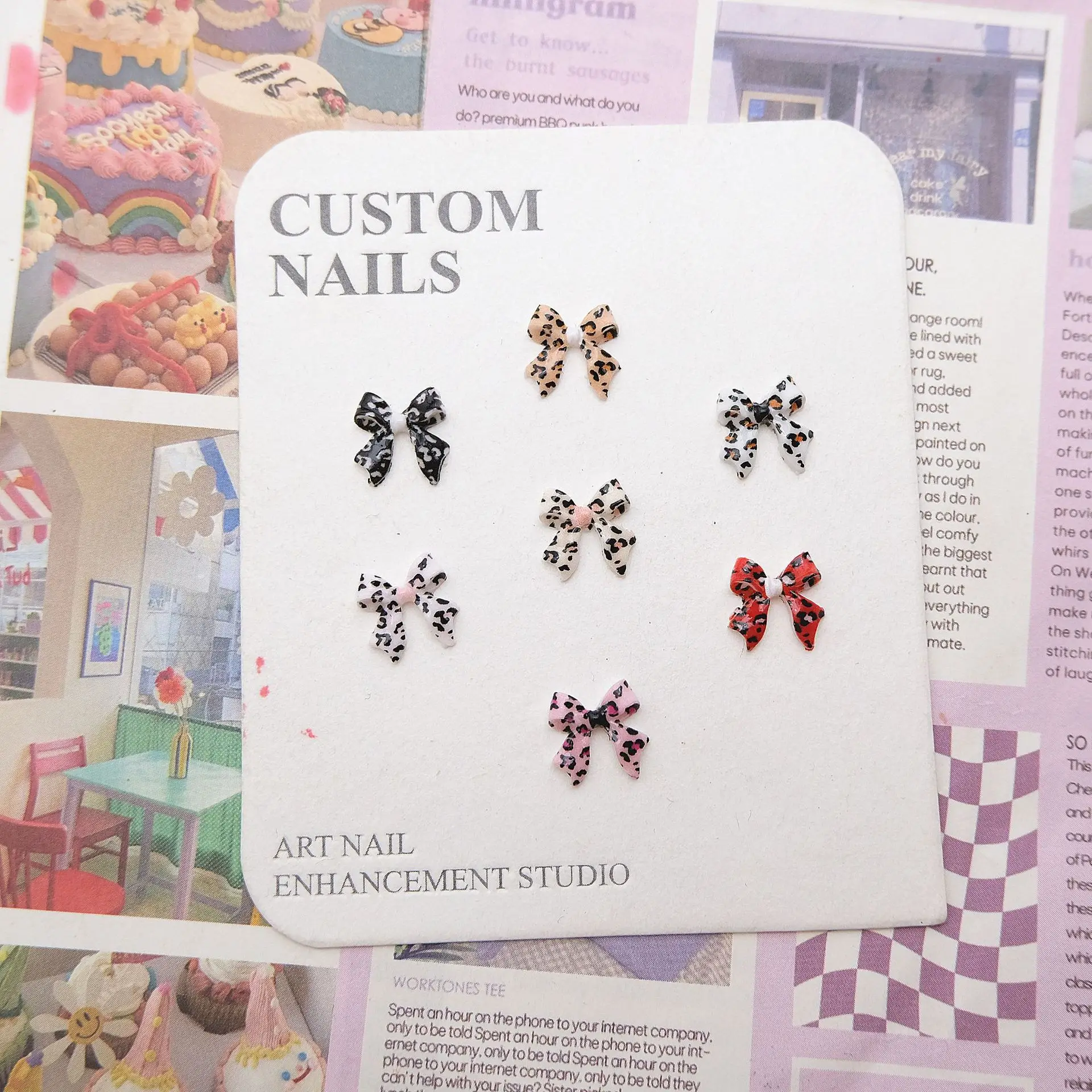 

100 шт. подвески для ногтей с леопардовым принтом и галстуком-бабочкой - струящаяся лента из смолы для дизайна ногтей, модный декор для ногтей для стильного маникюра