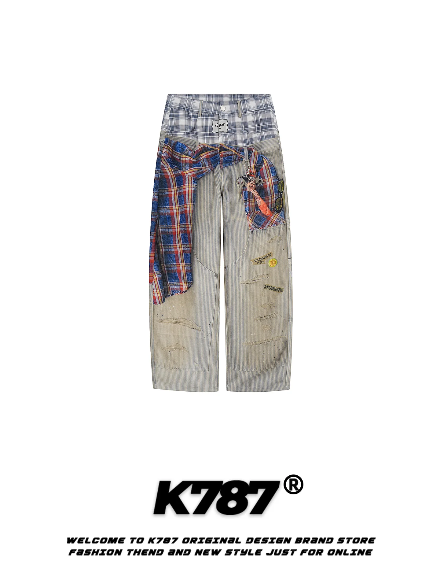 

Широкие повседневные брюки унисекс K787 в американском ретро-стиле с абстрактным узором, вязаные, для хип-хопа и уличной моды, осенняя коллекция