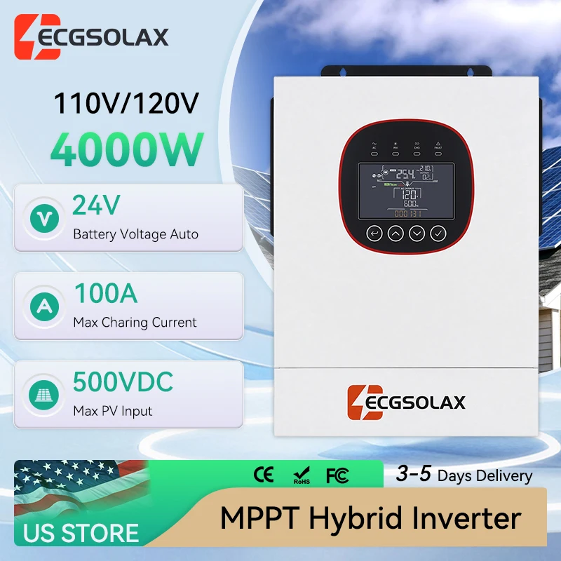 ECGSOLAX ECG-LVM4K-ECO 4000W Pure Sine Solar Hybrid Inverter 24V 500VDC MPPT 100A 110V 120V Built-in WiFi Off-Grid Solar Charger US Warehouse