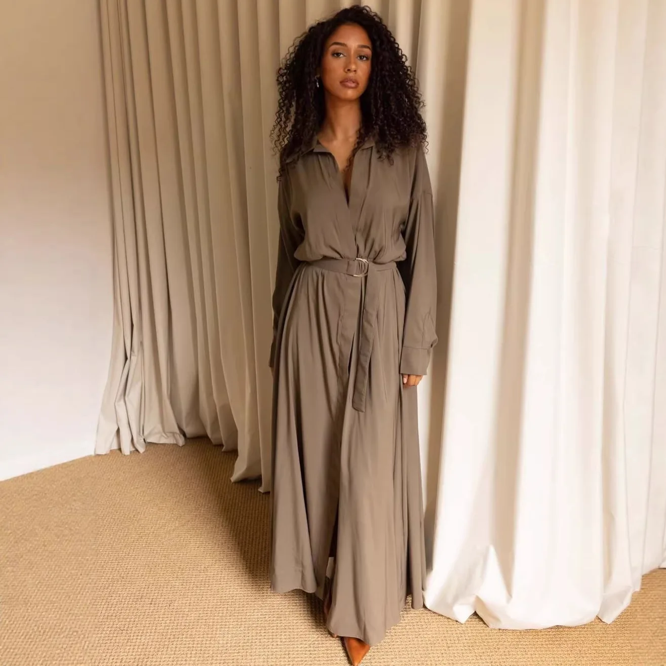 

2026 Spring Summer New Style Women Solid Color Shirt Tie Waist Temperament Hong Kong Style Casual Dress