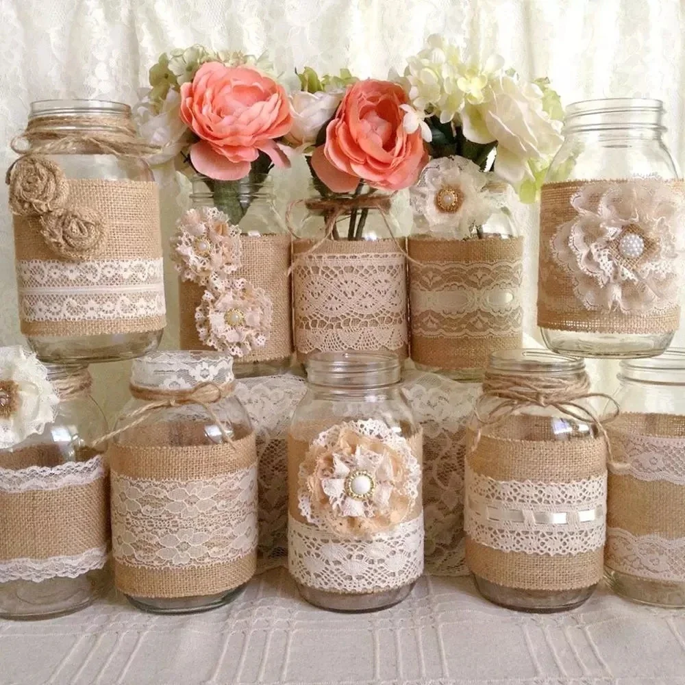 2Meter 5cm Natural Jute Burlap Lace Ribbon With White Lace Trim Edge Rustic Wedding Decoration For Wedding DIY Bow Craft Ribbons