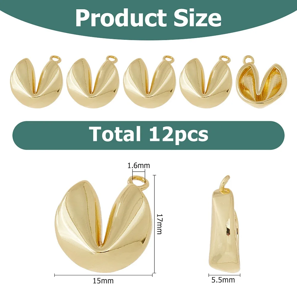12 colgantes de latón con diseño de galleta de la fortuna, chapados en oro de 18 quilates, duraderos, 17x15x5.5mm, agujero: 1.6mm