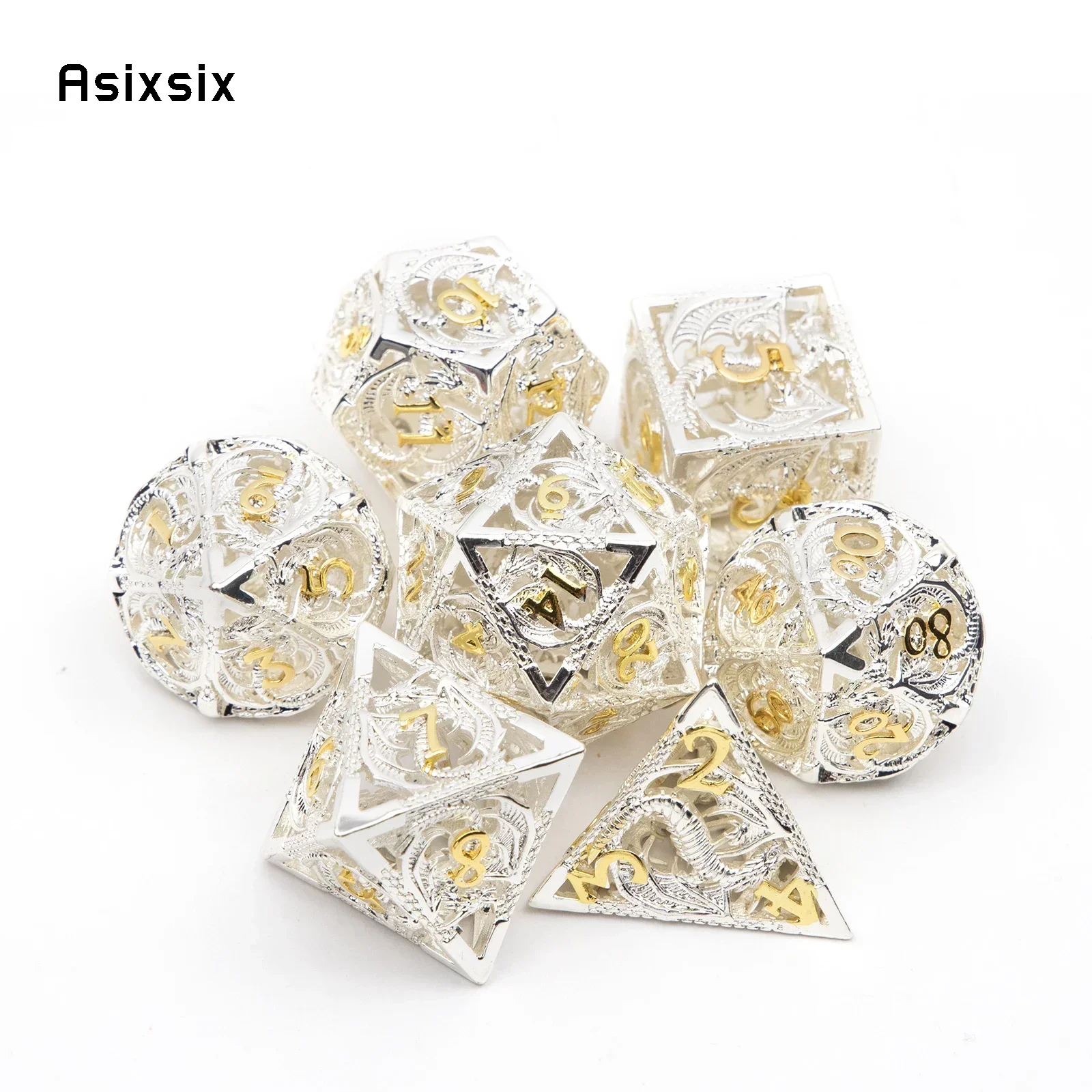 

7 Pcs White Golden Dragon Metal Dice Hollow Metal Polyhedral Dice Set Suitable for Role-Playing RPG Board Party Dice Prop Gift