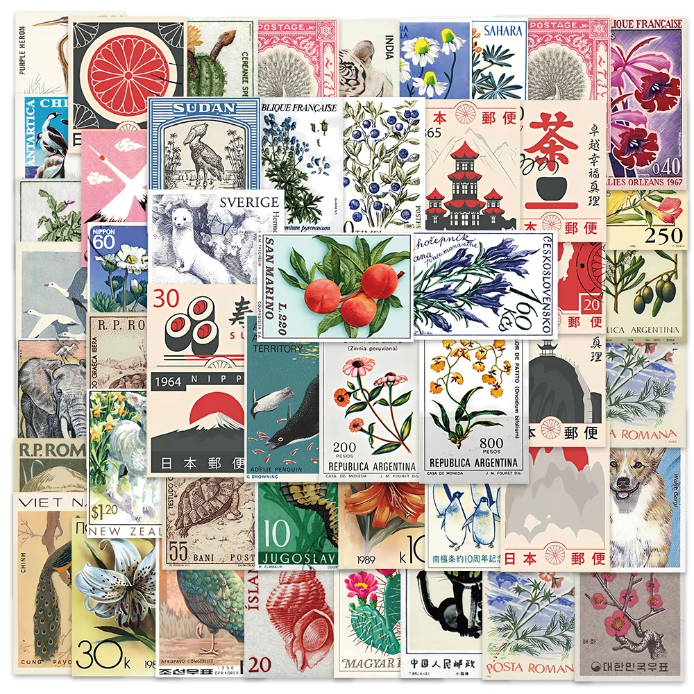 50PCS Vintage Stamps Stickers  Retro Style DIY Graffiti Decals For Laptop Luggage Water Cup Fridge Notebook Waterproof Stickers