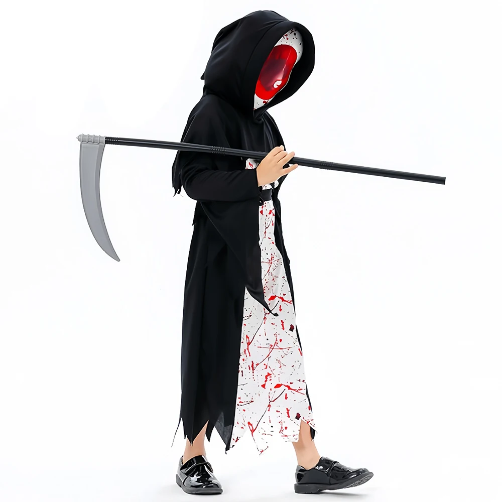 Kids Halloween Scary Costume Grim Reaper Cosplay Costume for Boys Girls Children Vampire Demon Bodysuit with Sickle Holiday Gift