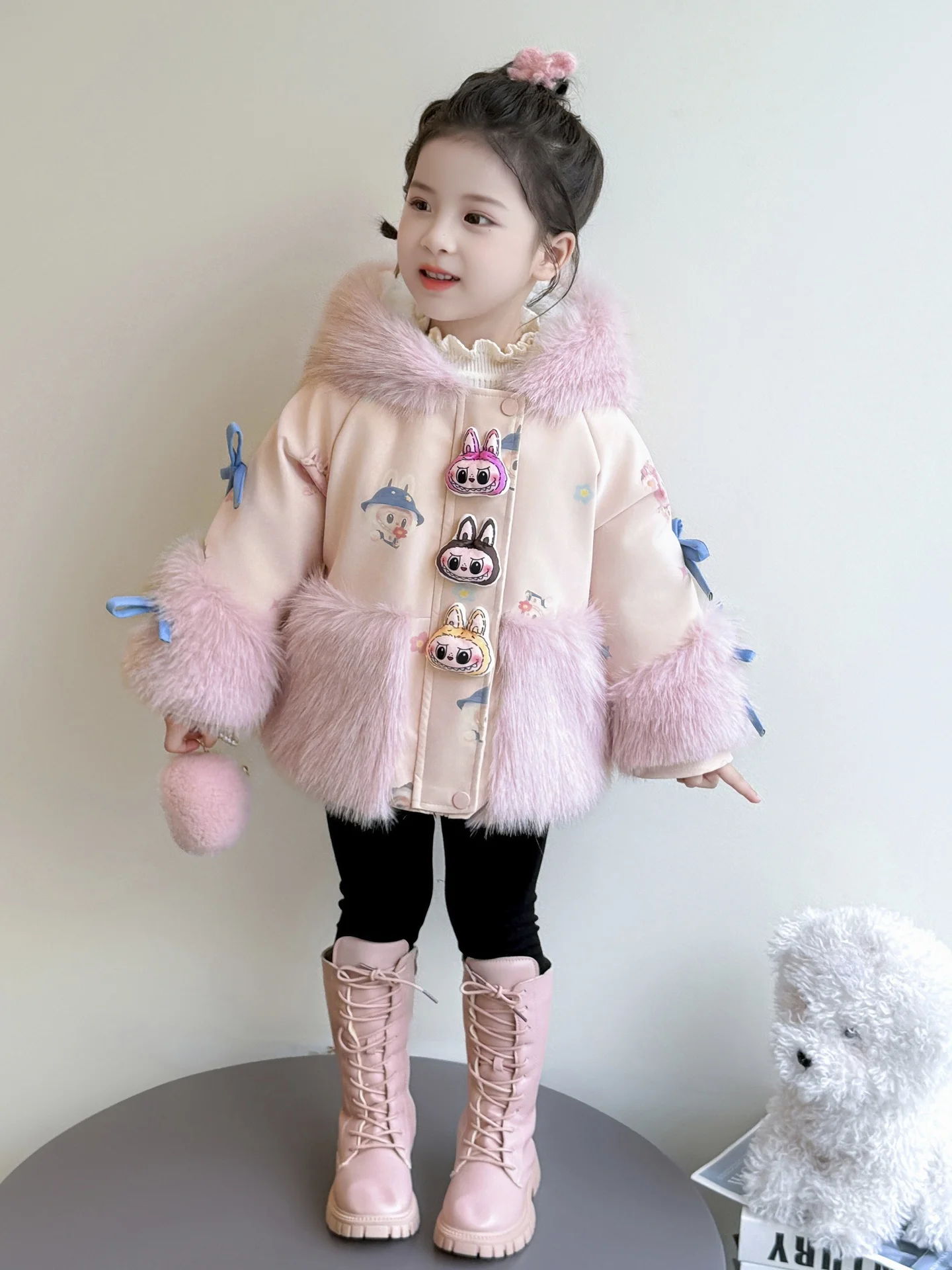 

Детская зимняя куртка для девочек с капюшоном из искусственного меха, теплая, с хлопковой подкладкой, удлиненная, на молнии, с длинными рукавами