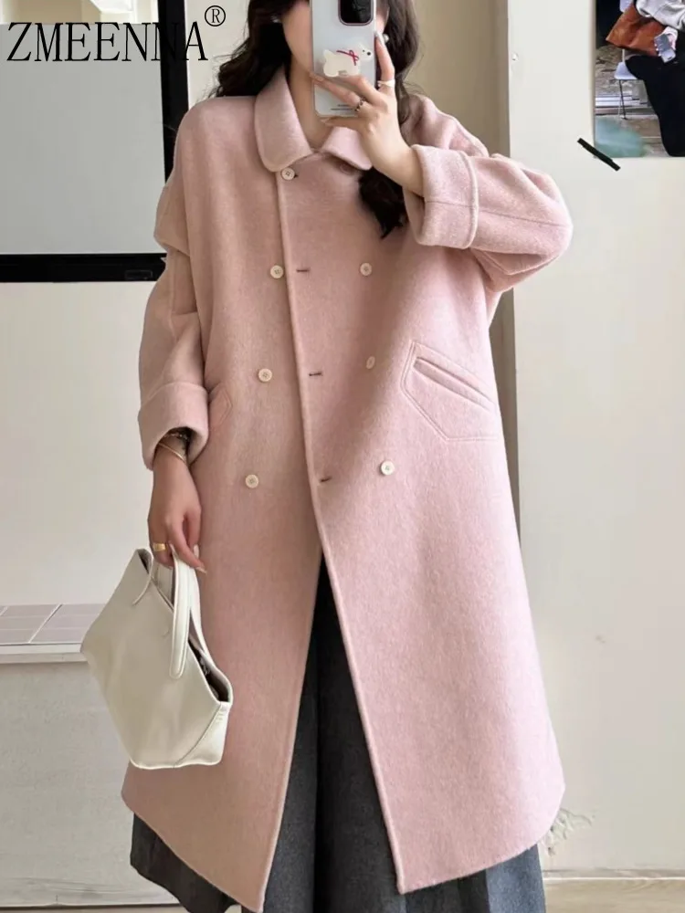 

ZMEENNA Womens Elegant Light Blue Wool Blend Long Coat With Classic Collar Double Breasted Button Closure Outerwear ZM3710