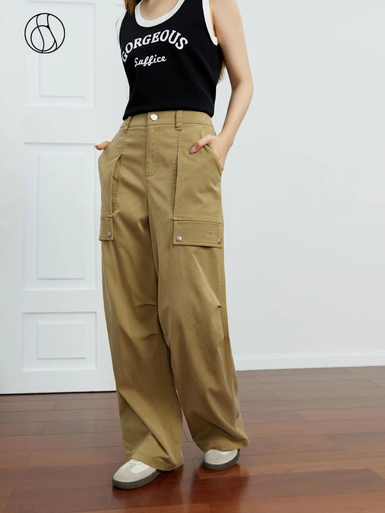 DUSHU Tooling Style Khaki Full Length Pants Pocket Decoration Women Cargo Pant Cotton Black Twill Denim Pant Female 2023 Jean