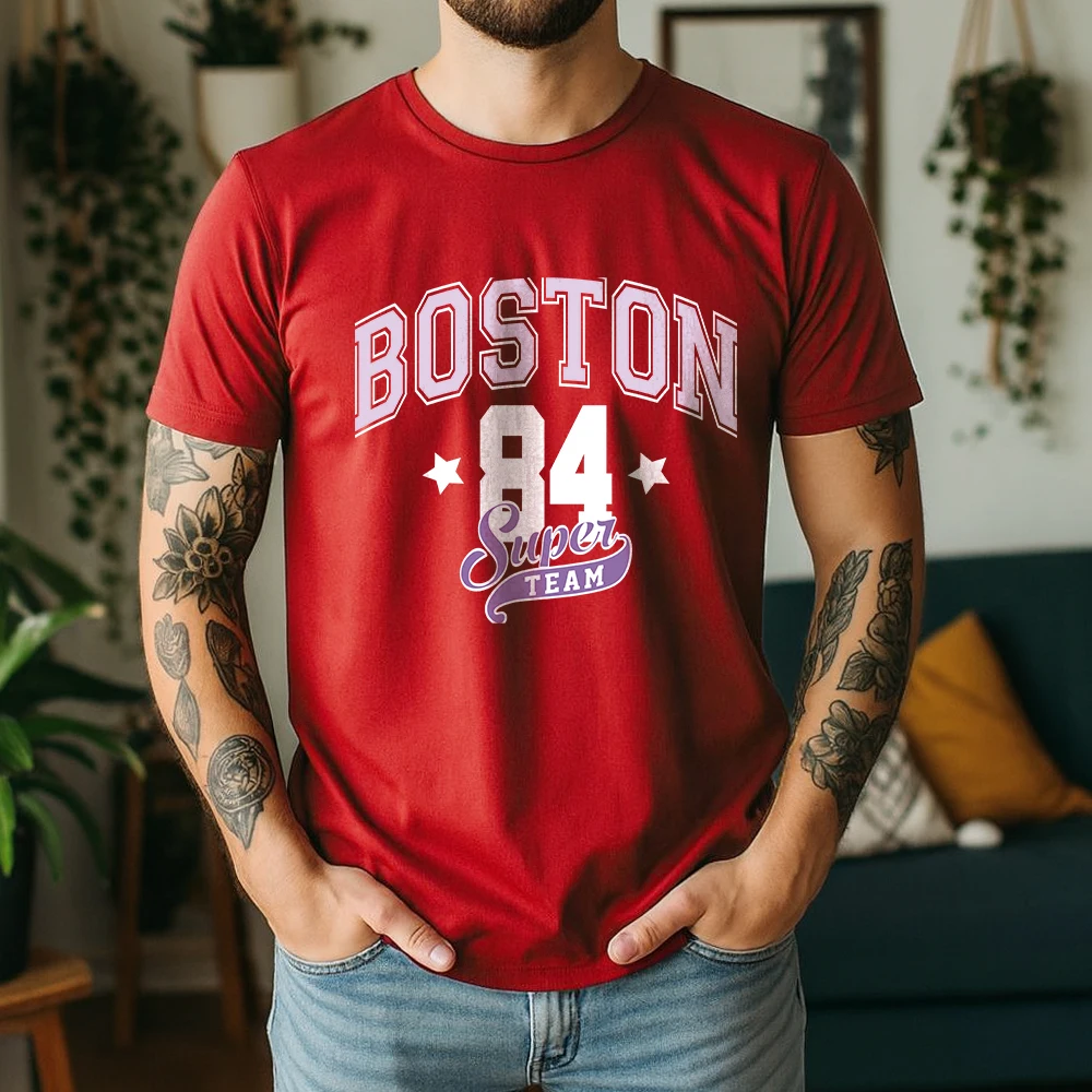 Mens 100% Cotton T Shirt Boston Super Team Curved Varsity Letter Print Breathable Short Sleeve Casual Daily Tee