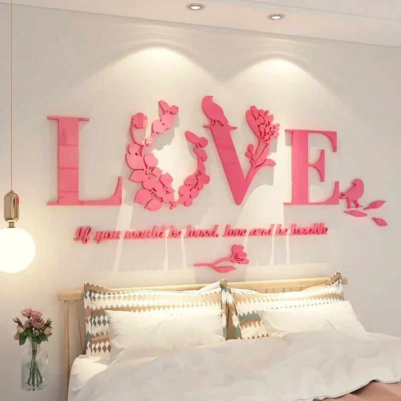 Amor 3D espejo pegatinas de pared acrílico rosa púrpura TV Fondo dormitorio cabecera pegatinas boda habitación decoración del hogar