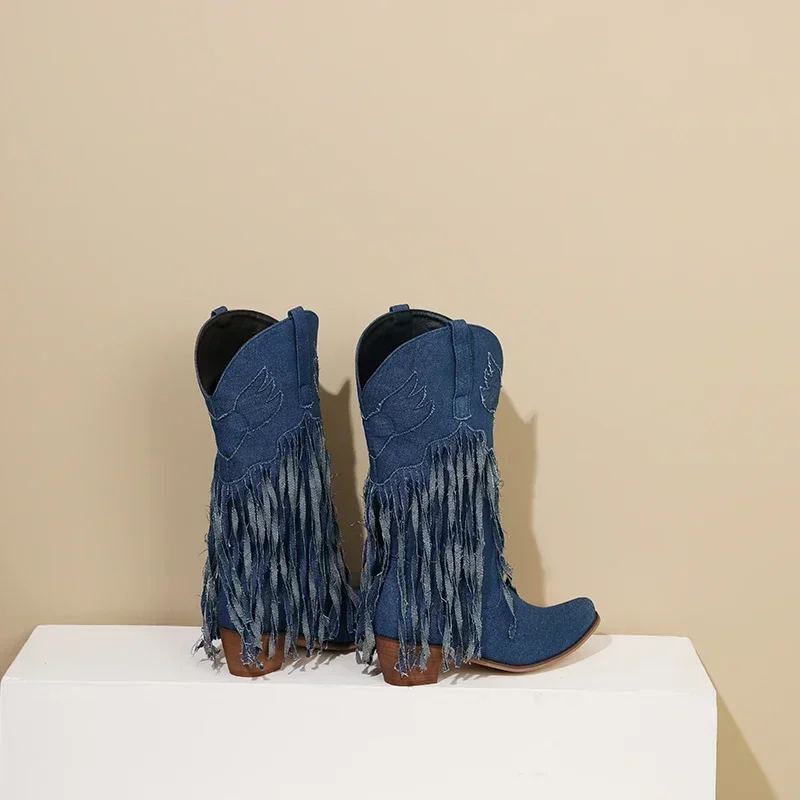 Botas occidentales de invierno a media pantorrilla para mujer, botas vaqueras con flecos azules, tacones altos de bloque, botas medias sin cordones con borlas y punta redonda para invierno