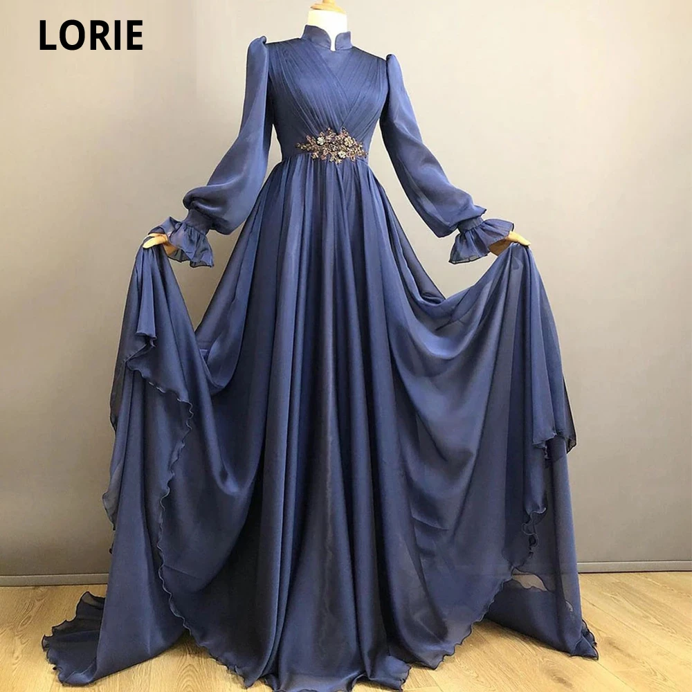 

LORIE Blue Evening Dresses Beading Formal Gown Arabic Dubai Muslim Long Sleeves Moroccan Caftan Prom Dress Women Evening Dresses