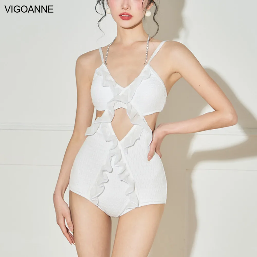 

VigoAnne White 2 Piece Swimwear Women 2024 Verge Hollow One Piece Swimsuit Korean Closed Monokini Strapped Beach Bathing Suit