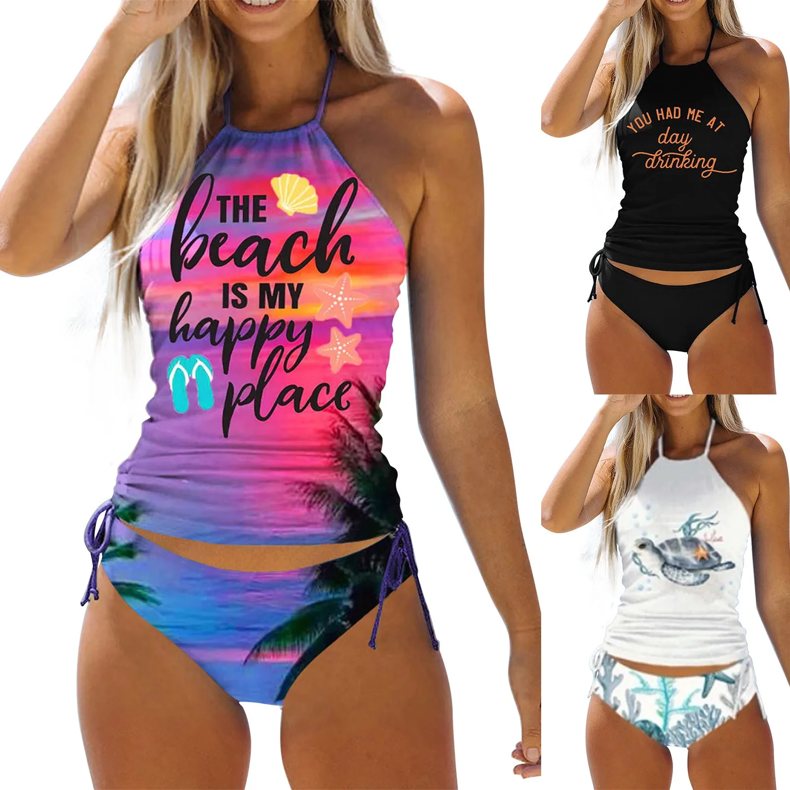 Women'S Swimsuit Tankinis Swimwear Halter Two Piece Bikinis Sets Female Flash Patchwork Bathing Suits Beachwear Bathers 비키니