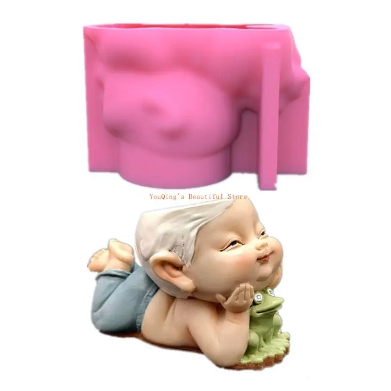 N0HE for Frog Boy Flowerpot Epoxy Resin Mold Plant Pot Holder Concrete Plaster Silicone Mould DIY Crafts Pen Holder