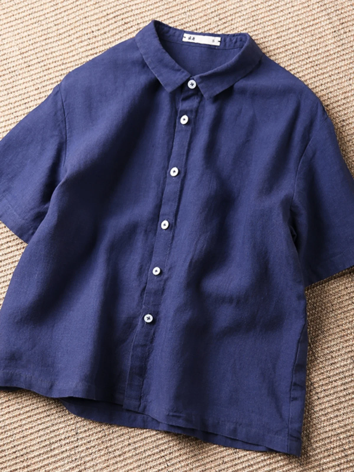 

Linen Thin ort Sve irt Pure Color Retro Women's Summer Suit Collar Top Small Size Versatile irt Commute Sle Loose Fit