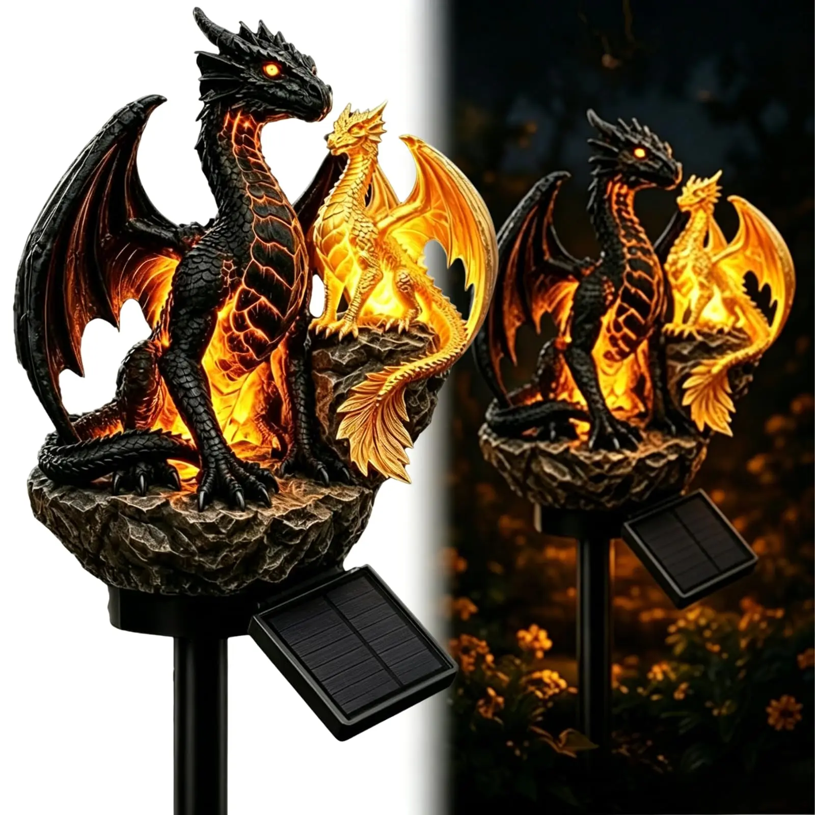 Solar Dragon Statue Light with Warm Amber Glow Resin Gothic Garden Decor for Patio