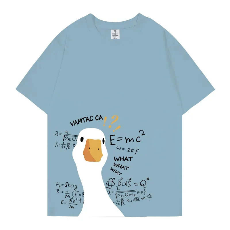 Japanese Fun Oversized Wild College Style Couple T-Shirt, Kawaii Math Puzzle, Tree Stump Duck, Fresh Light Green, Y2K Top