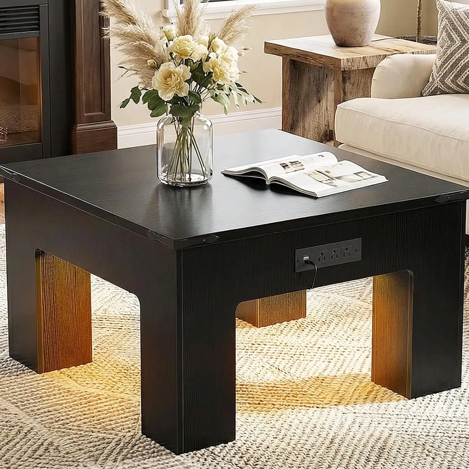 

Square Coffee Table with Charging Station & LED Light for Living Room Dining Reception, Black, Customized