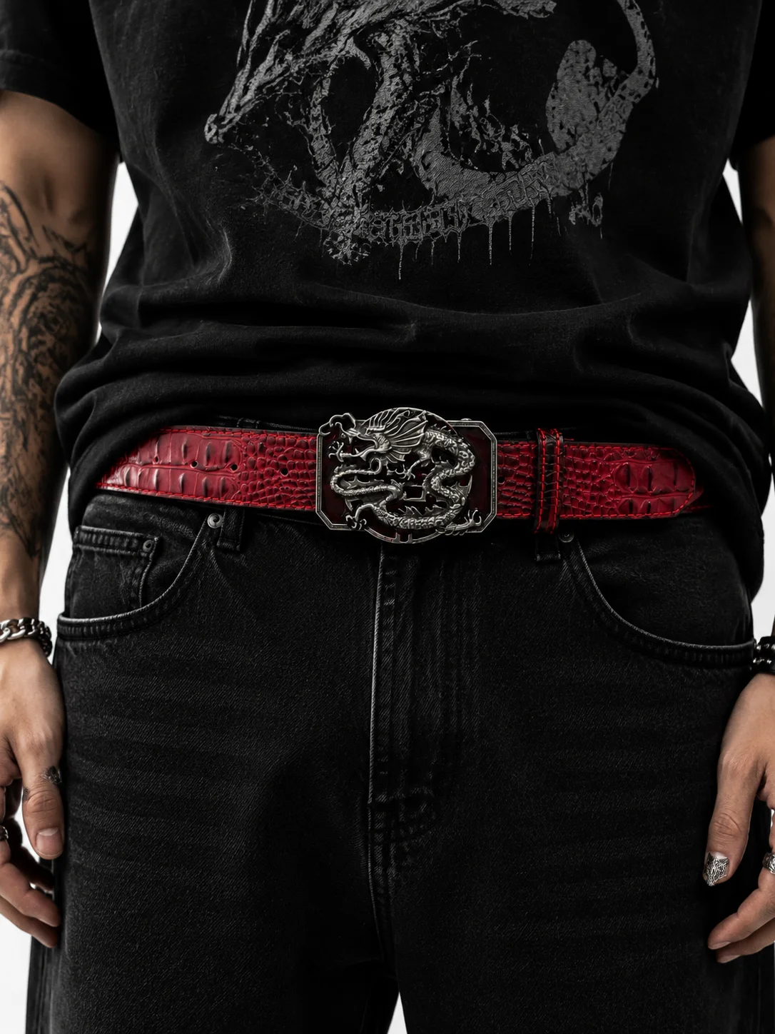 Red Crocodile Embossed Belt with Dragon Buckle, Bold Vintage Punk Waist Belt, Luxury Street Style Fashion Accessory for Trendy