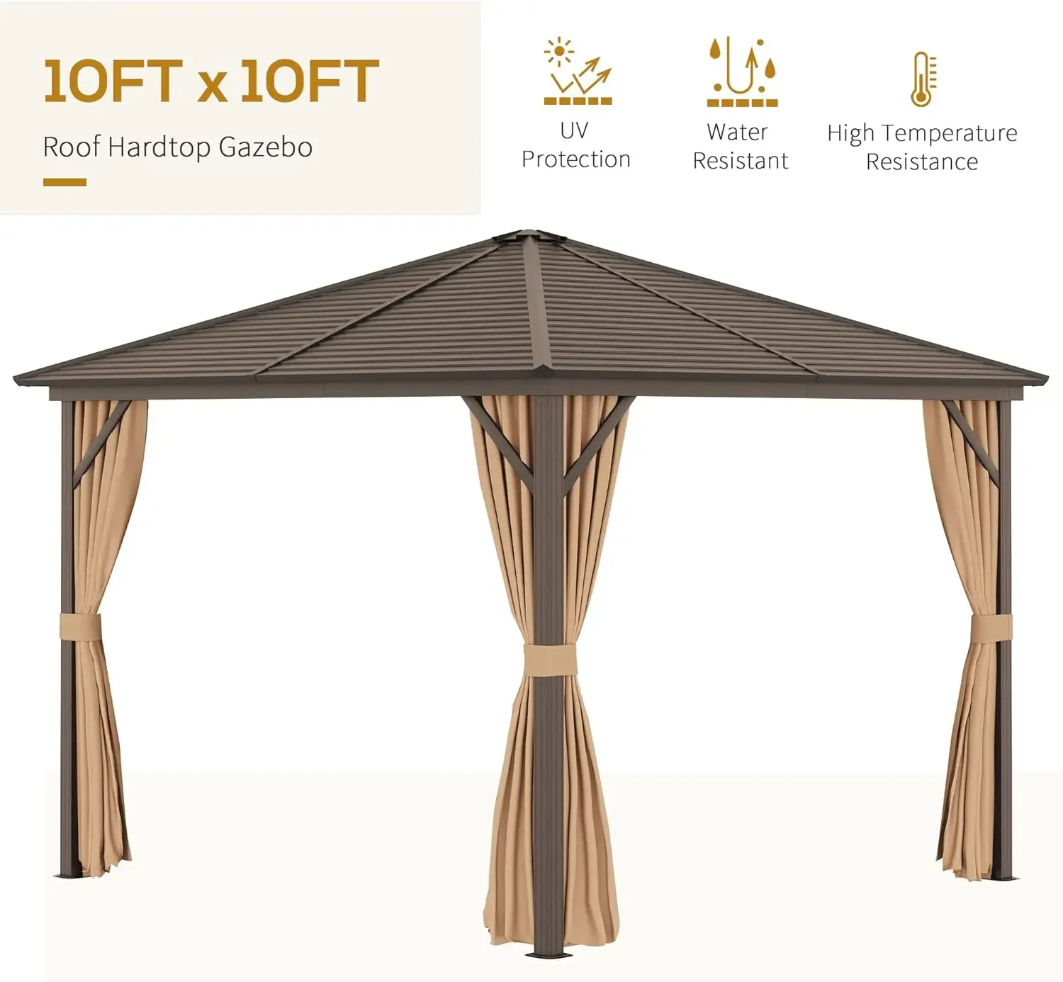 Dossel de gazebo de telhado único de metal para pavilhão permanente com estrutura de alumínio e ganchos, para jardim, pátio, quintal, marrom claro