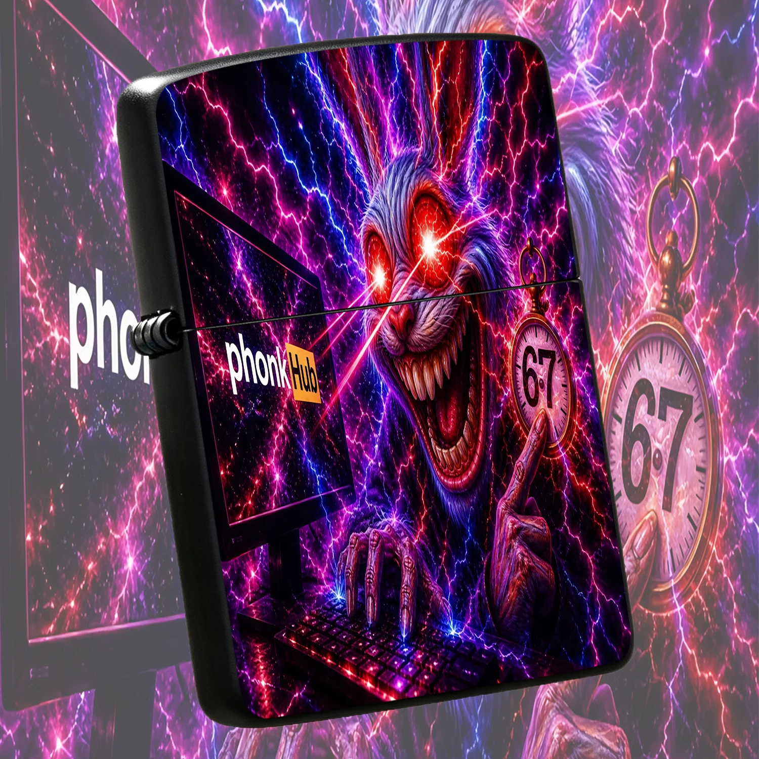 Cyber Phonk Rabbit Lighter, Glowing Neon Lightning Grotesque Design, Laser Red Eye Trendy Portable Lighter, Unique 67 Pocket Watch Creative Art Piece, Ideal For Gifting Daily Use Scenes Interesting And Humorous Lighters