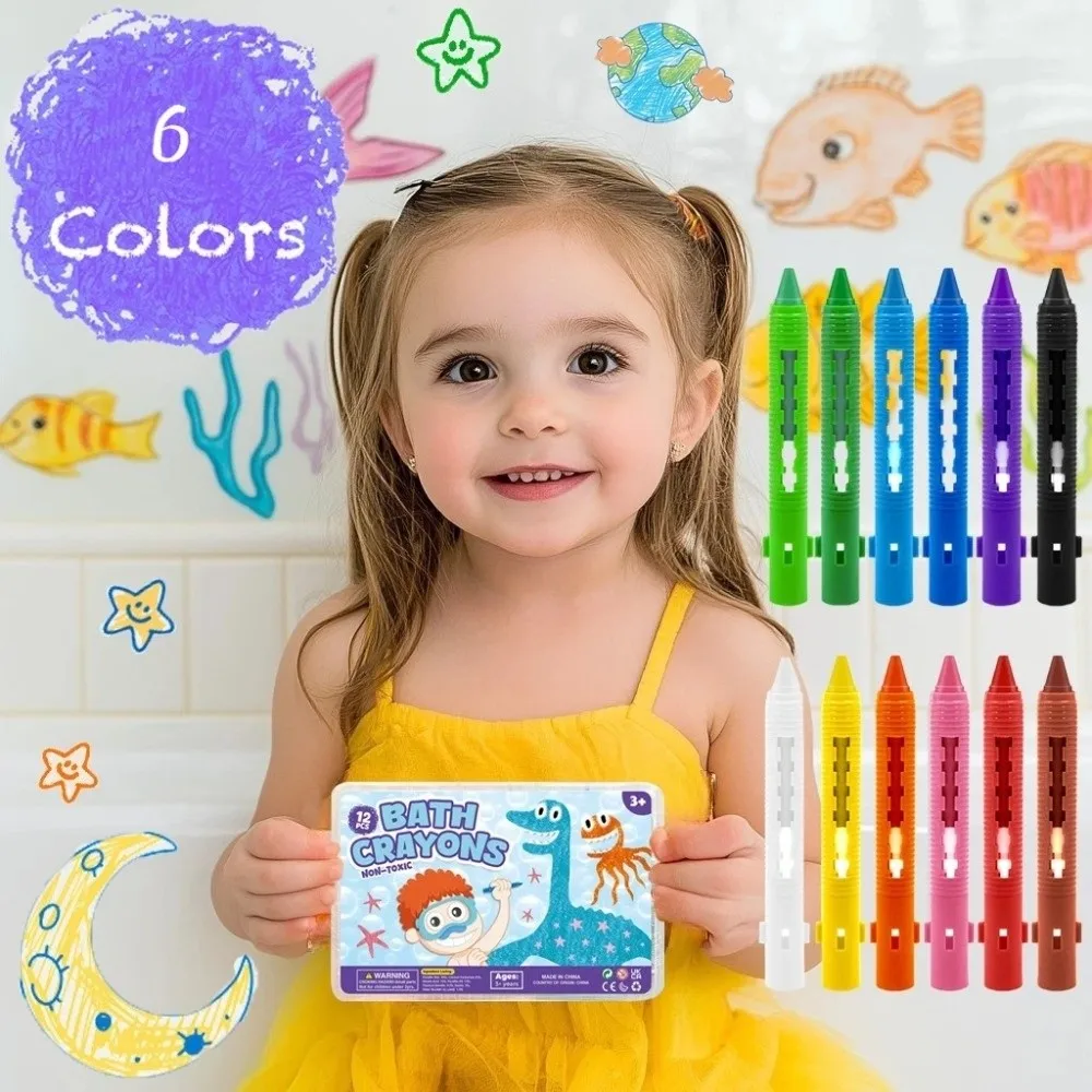 مجموعة مكونة من 6 قطع من أقلام تلوين الحمام الملونة القابلة للغسل، سهلة التنظيف وقابلة للغسل، علامات حوض الاستحمام للعب المائي