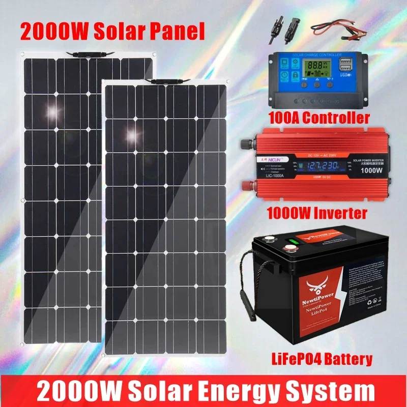 System Kits for Home with 1000W 2000W Solar Panel 100A Charge Controller 220V Inverter 10Ah30Ah LFP Battery