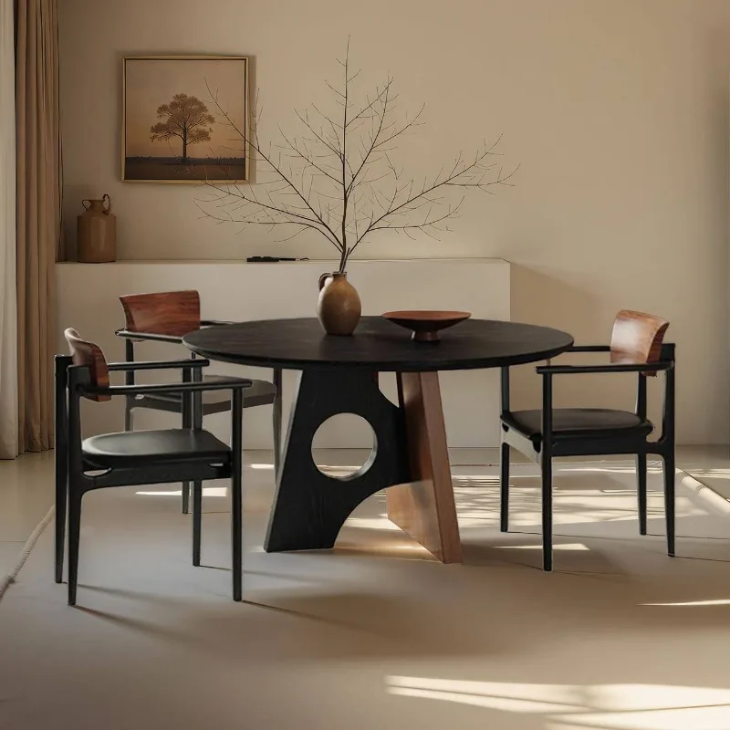 Designer walnut slate dining table, French retro dining table, solid wood round dining table, wabi sabi mid-ancient style