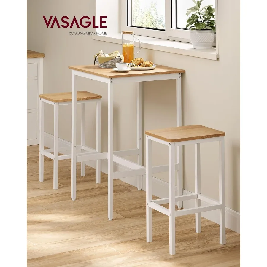 VASAGLE Bar Table and Chairs Set Square Table with 2 Stools Dining Pub Set for 2 Space Saving for Kitchen Breakfast Living Room