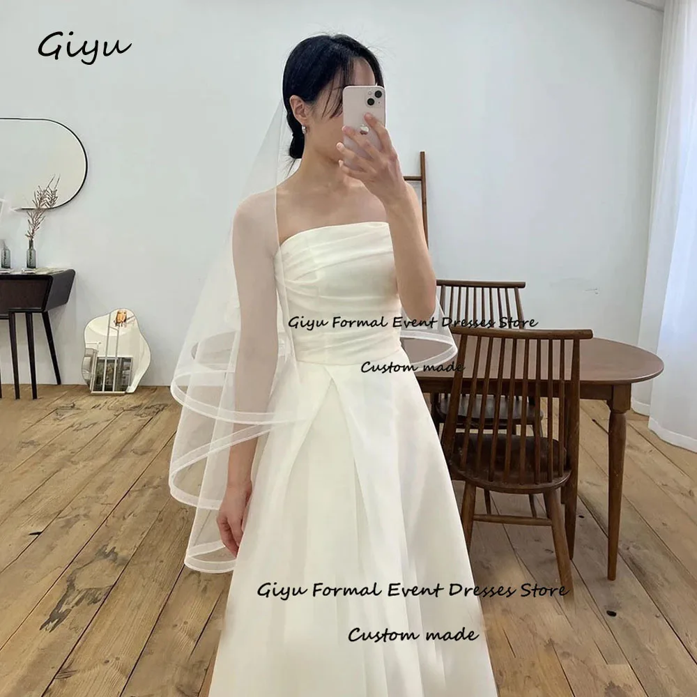 Giyu-vestido de novia de satén sin tirantes para Sesión de fotos, de línea A vestido de novia, sencillo y suave, hecho A medida