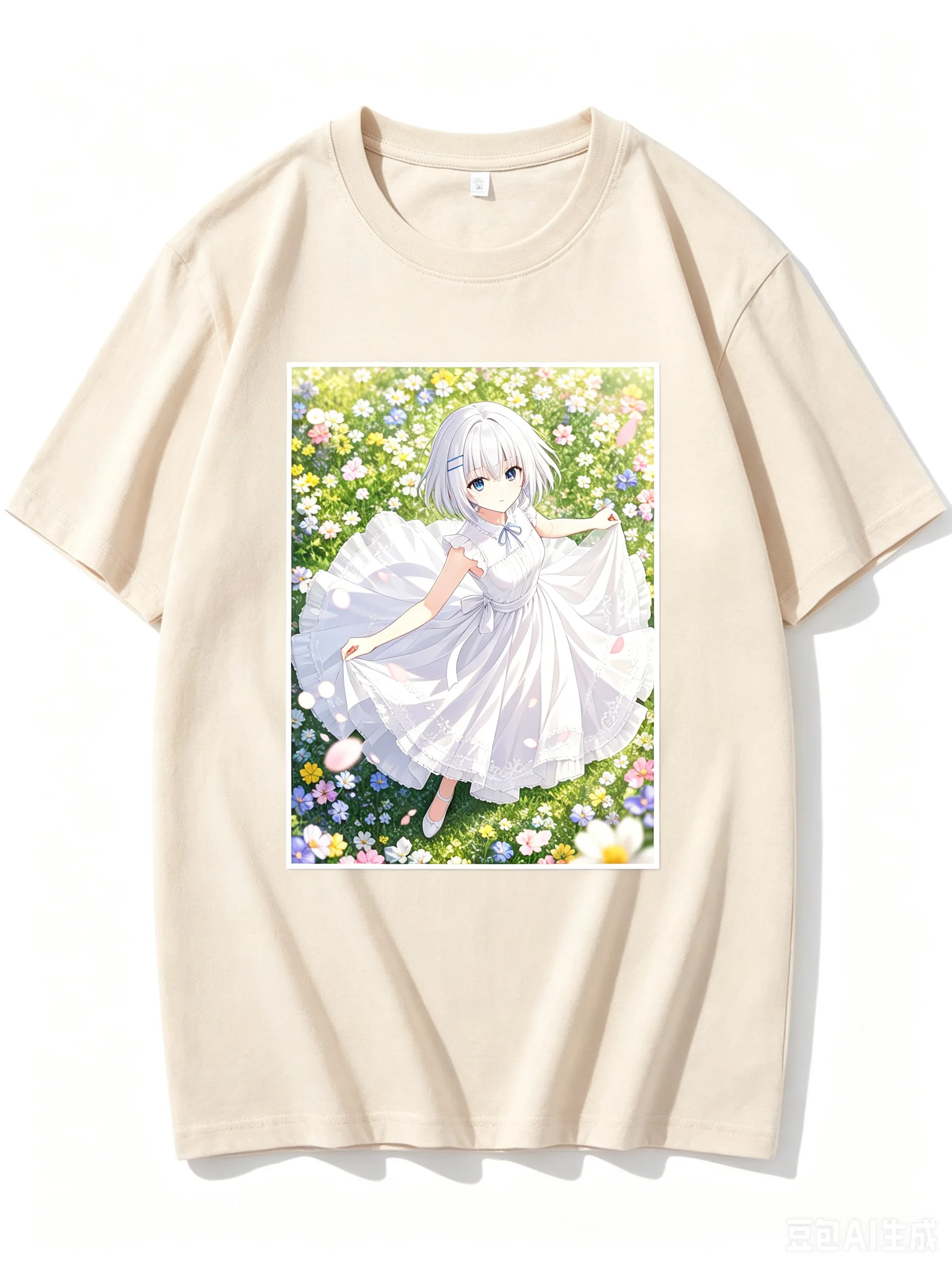 Origami Tobiichi Date A Live Wildflower Meadow White Dress Anime Frame Graphic Crew Neck Short Sleeve Women And Men T-shirt