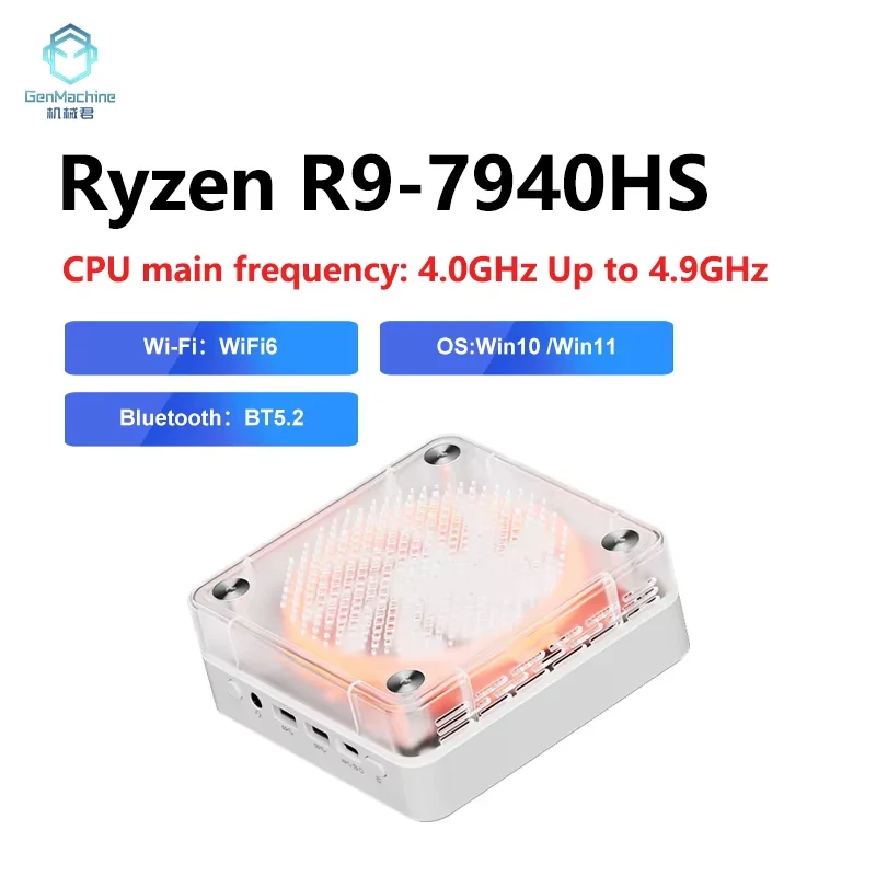 Genmachine AMD Ryzen9 R9 7940HS MINI PC Win11 8Cores 16Threads DDR5 4800Mhz 256/512GB M.2 SSD WIFI6 BT5.2 Desktop pc game