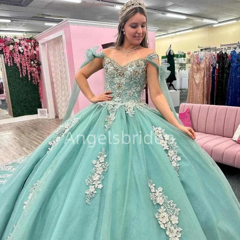 فستان الأميرة Quinceanera الأزرق اللامع Angelsbride-Aqua ، ثوب الكرة مع الرأس ، مطرز حلو ، 16 فستان ، فتيات بعمر 15 سنة