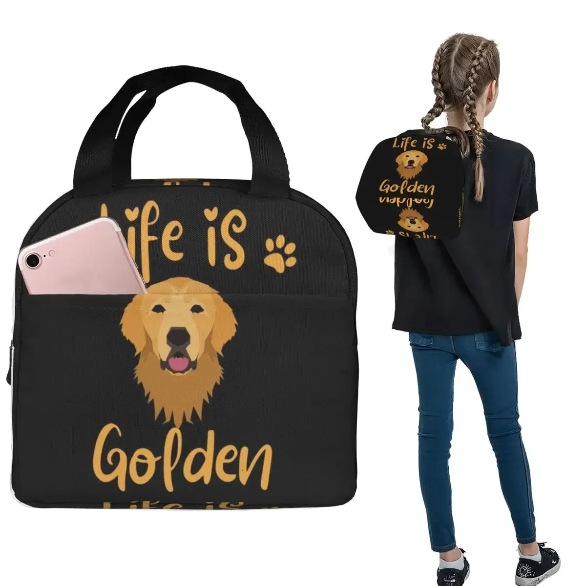 GOLDEN RETRIEVER Quote Insulated Lunch Bag for Women Kids Leakproof Food Boxes Thermal Lunch Box Tote