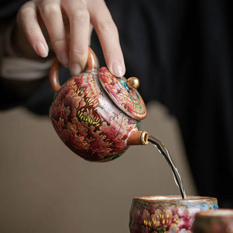 Teapot, pot Zeng, hand-painted peony retro wabi-sabi tea set