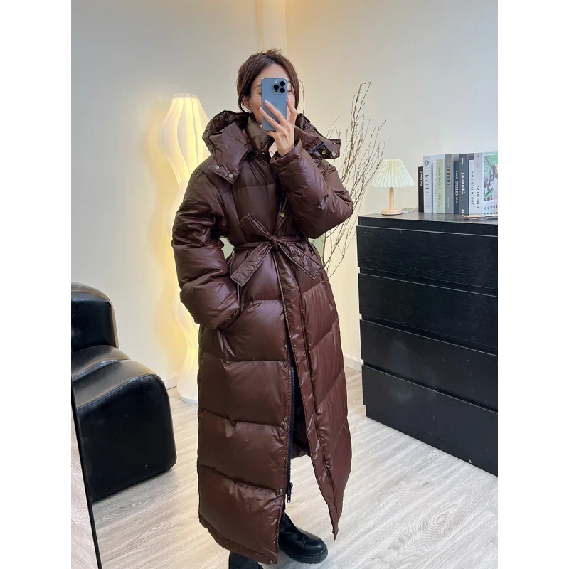 Women\'s Down Jacket Winter Casual Thick Warm Long Parka with Adjustable Hooded Down Jacket with Sashes Puffer Coat Ladies Snow