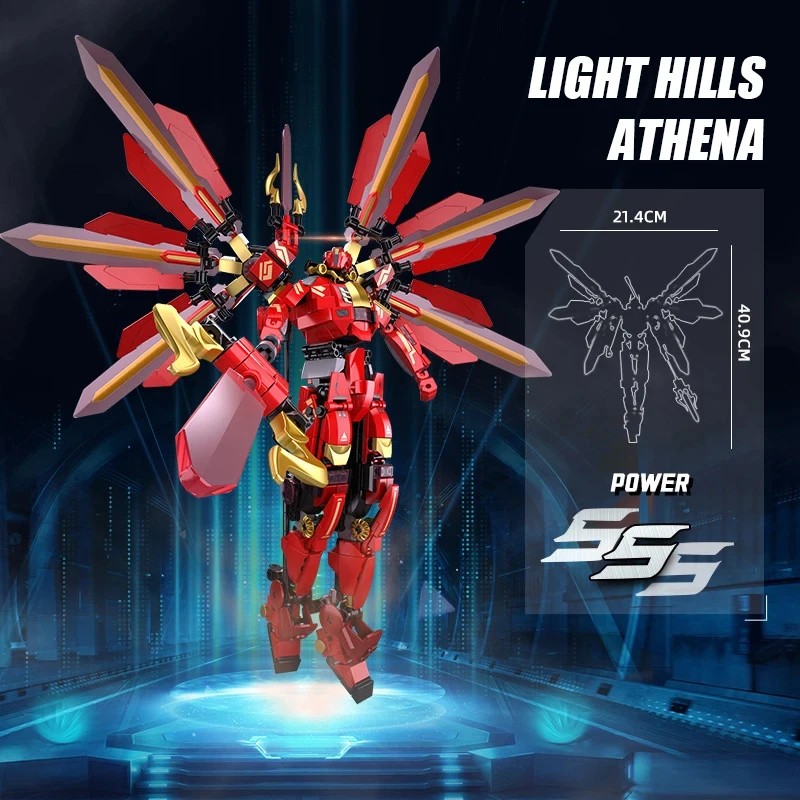 511PCS Red Halberd Athena Building Blocks Flame Mecha Bricks Figure Model Desktop Display Educational DIY Toys For Kids Holiday