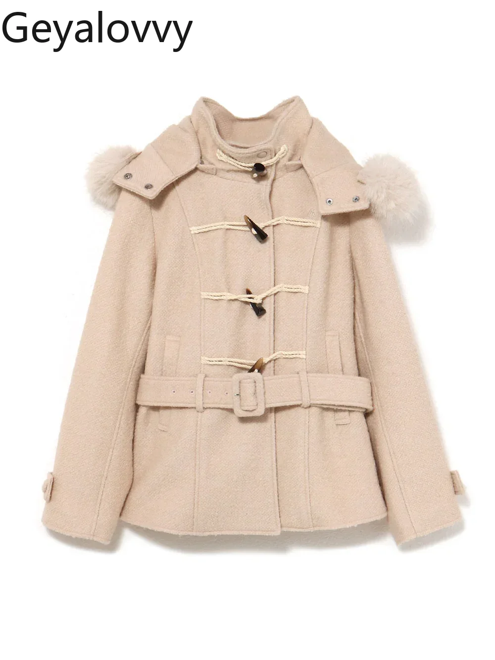 

Японский стиль, осень-зима, Новое поступление, шерстяное короткое пальто с роговой пуговицей, универсальная однотонная куртка с воротником-стойкой и поясом с капюшоном