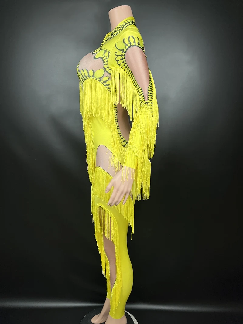 Yellow Tassel Stretch Jumpsuit Nightclub Gogo Dance Clothing Dj Rave Outfit Pole Dance Costume Singer Performance Wear VDB7707